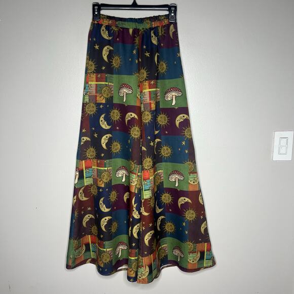 Women's Celestial Wide Leg Pull On Pants XS Mushrooms Moons Boho Gypsy Festival - Picture 3 of 11